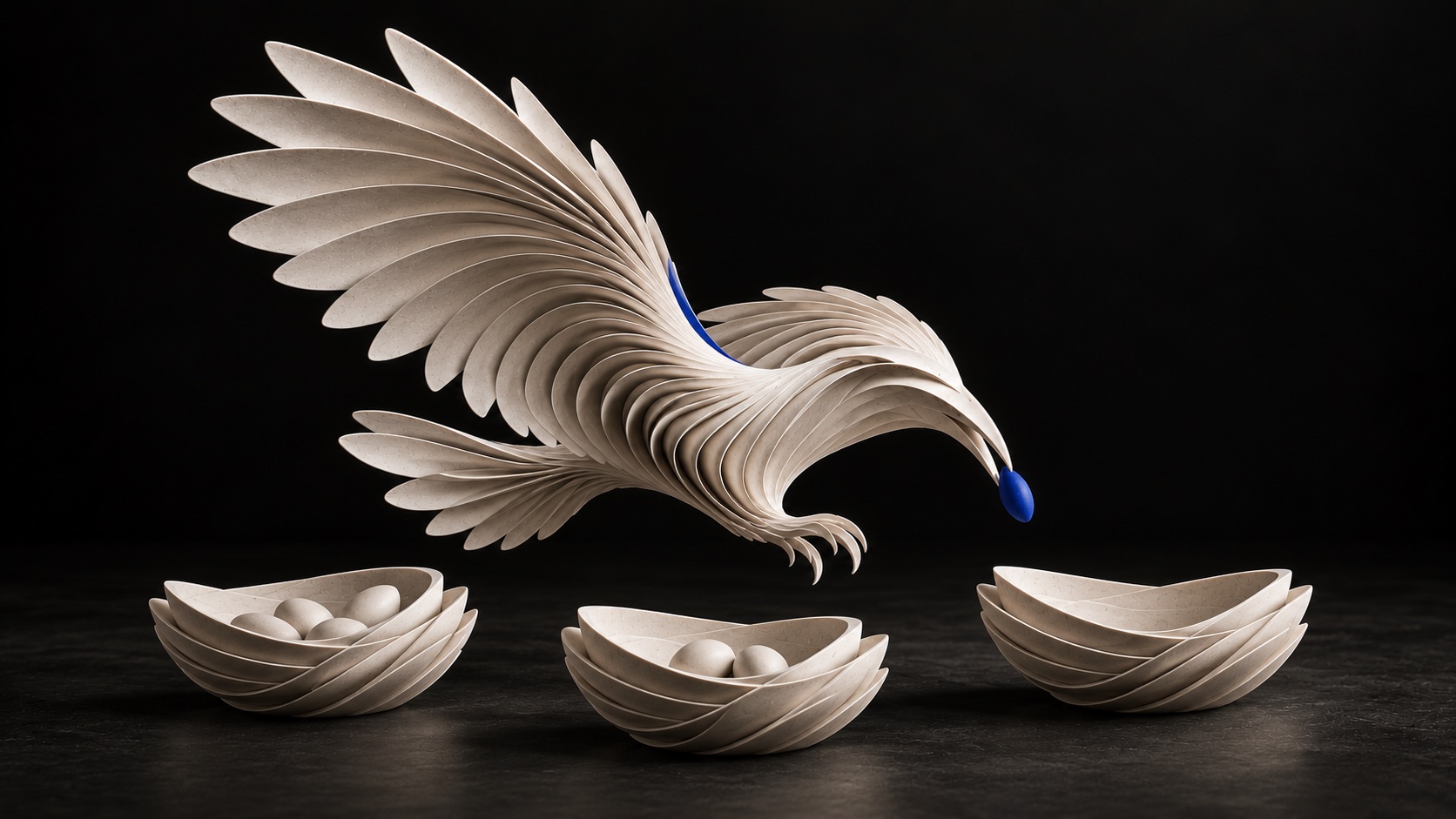Abstract raven carrying a blue piece toward three bowls holding different quantities of reserves
