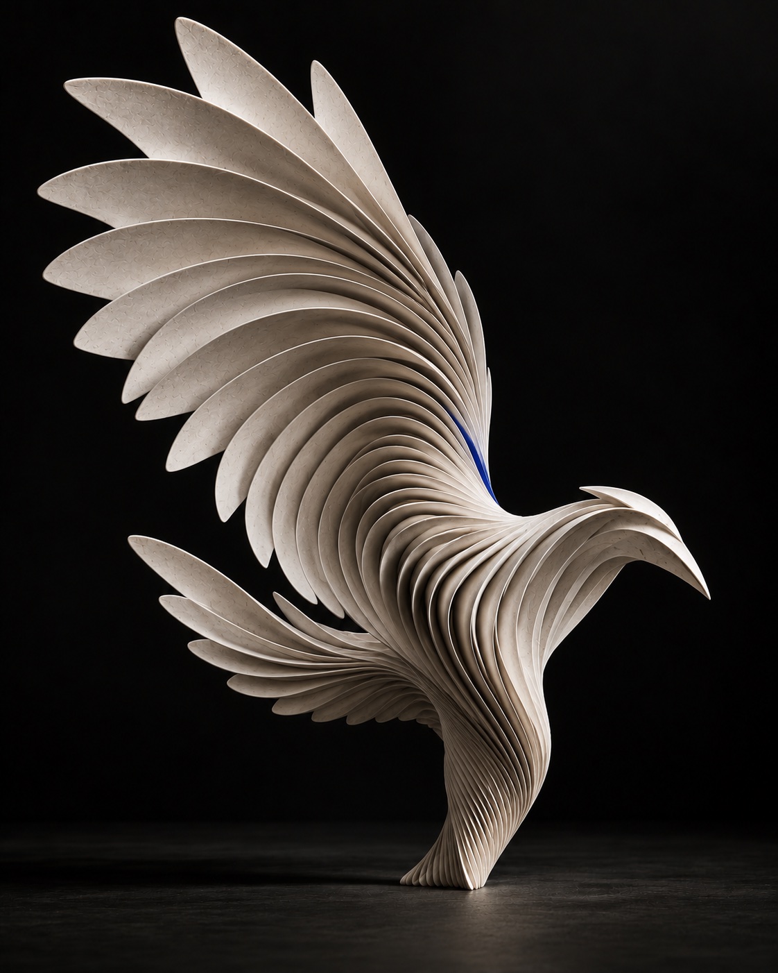 Abstract raven formed from white layers, with a blue accent against black